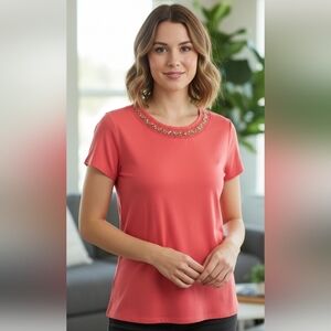 Rafaella Orange Women's Embellished T-shirt Beaded Short Sleeve Size L